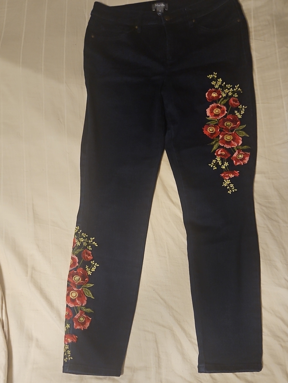 Dark Blue Women's Skinny Jeans with Red Floral Embroidery -